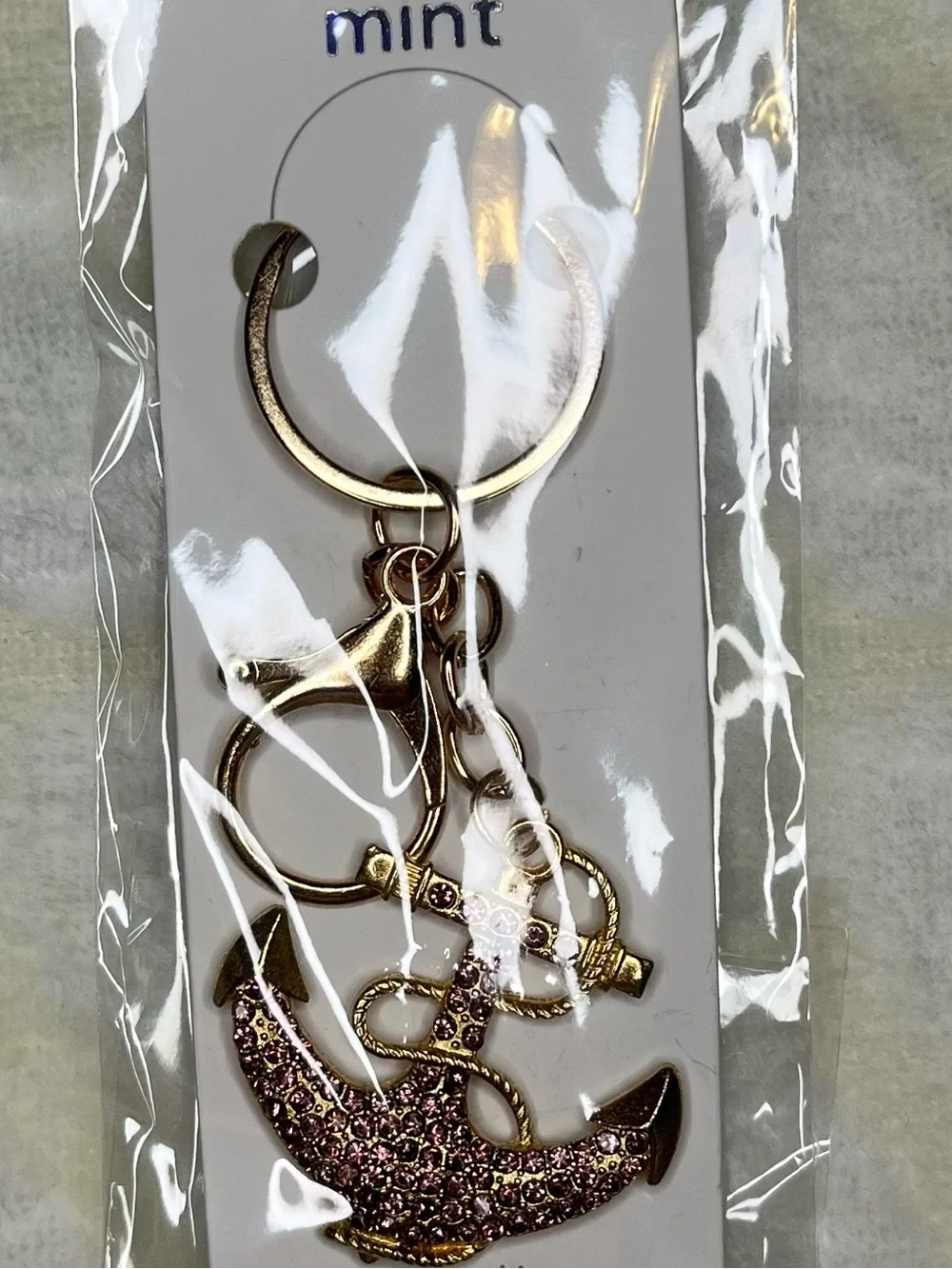 Mint Gold Keychain Bag Charm with Pink Glitter Rhinestone Anchor Charm
